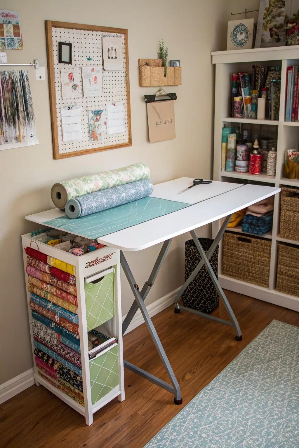 A flexible workspace is offered by a fold-down table.