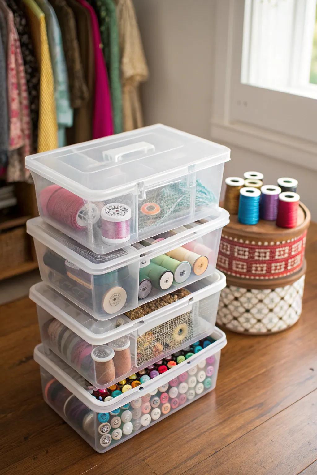Visibility and organization are enhanced with clear containers.
