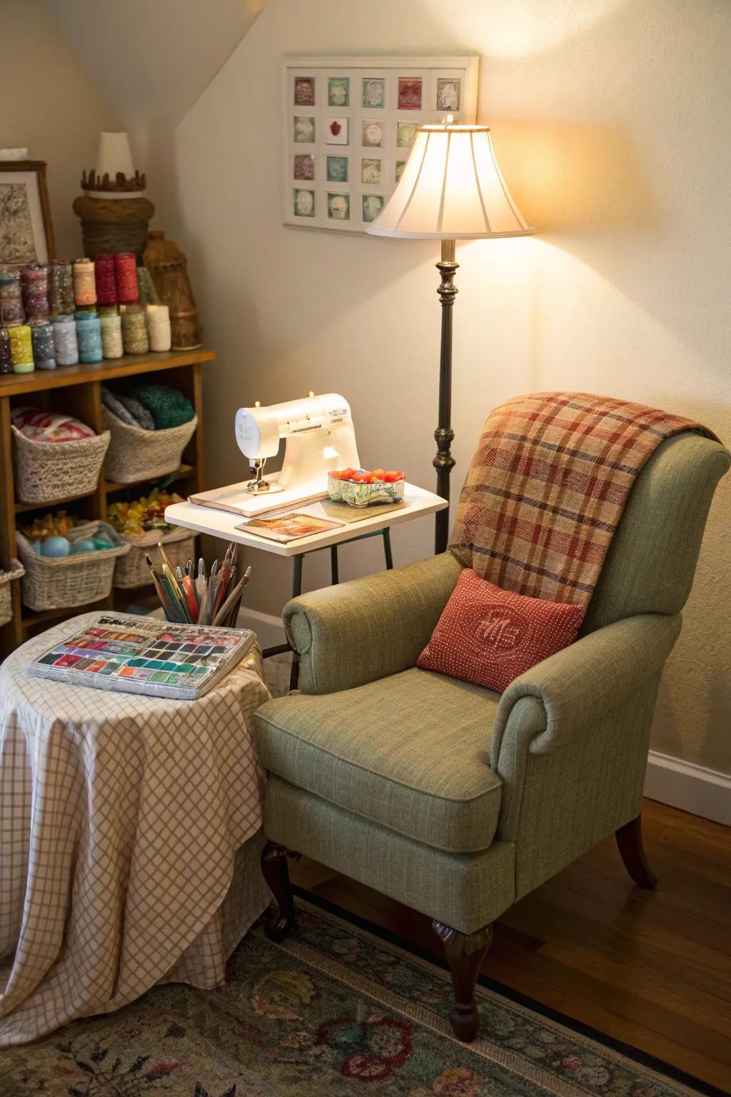 A concentrated creative retreat is offered by a comfortable nook.