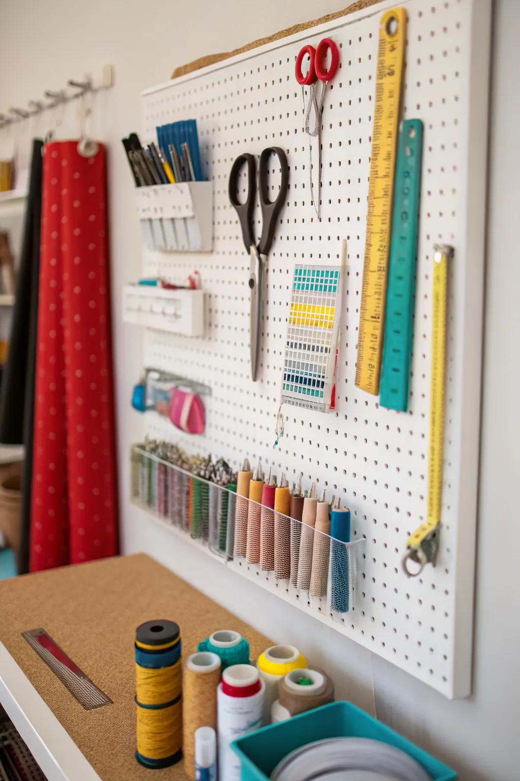 Keep essential tools within easy reach using a pegboard.