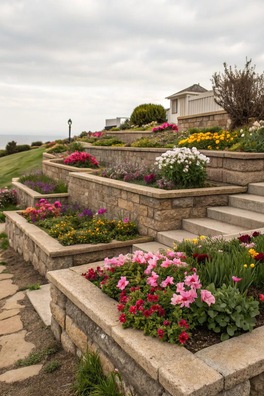 Tiered stone beds create a dramatic focal point.