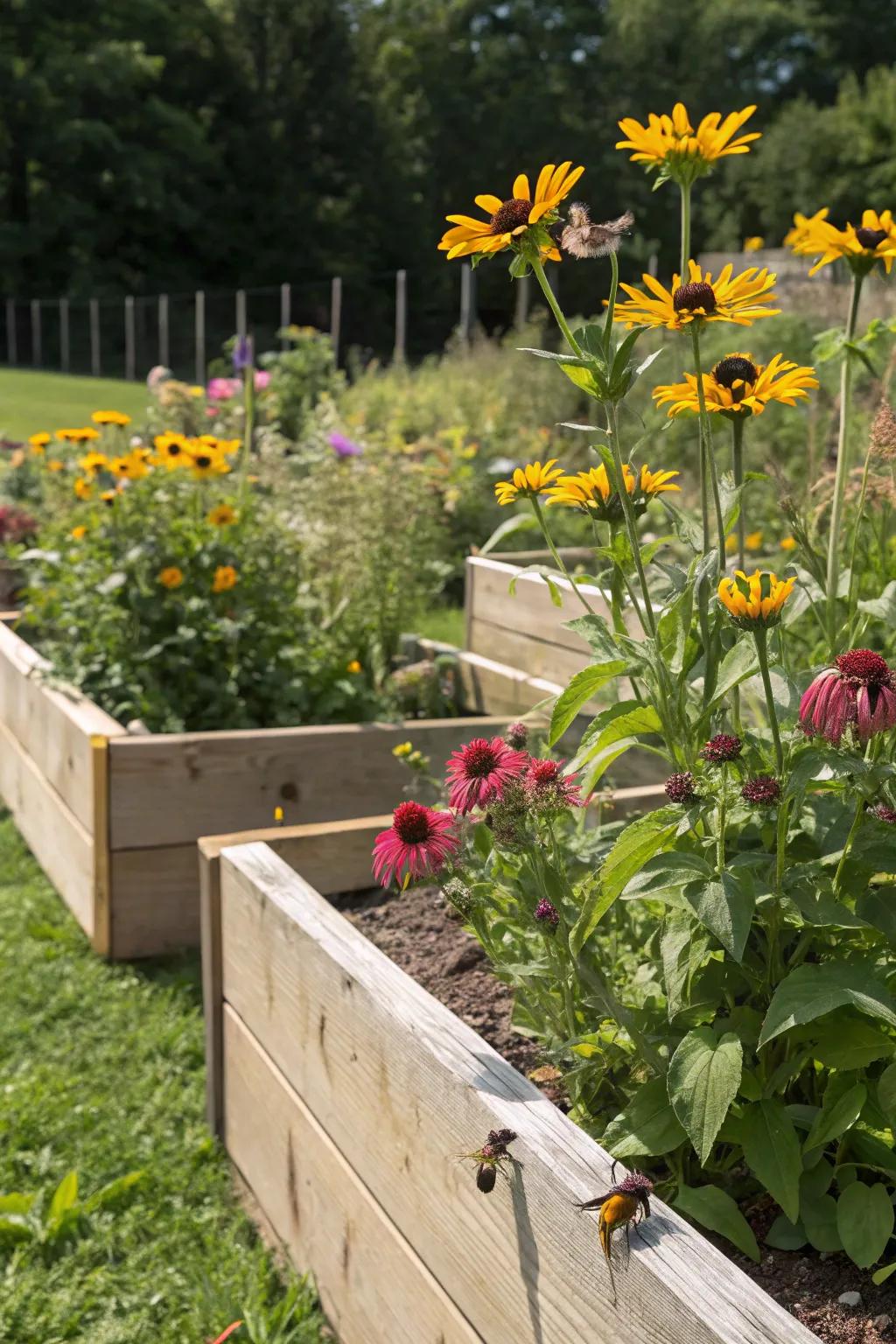 Pollinator-friendly beds invite bees and butterflies.