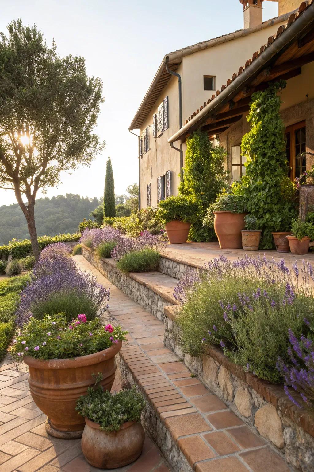 Terracotta and lavender exude Mediterranean warmth.