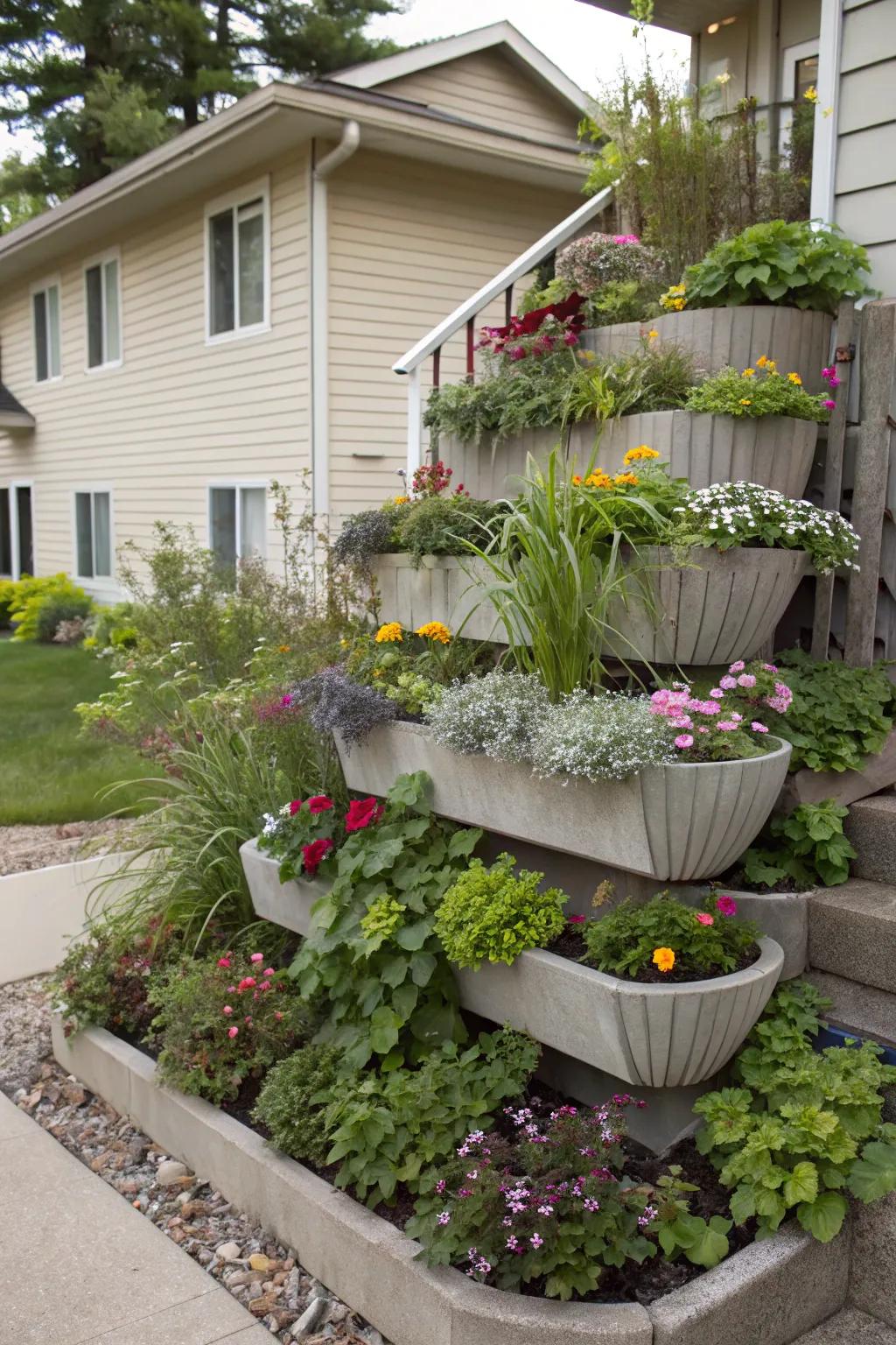 Multi-level planters add height and interest.
