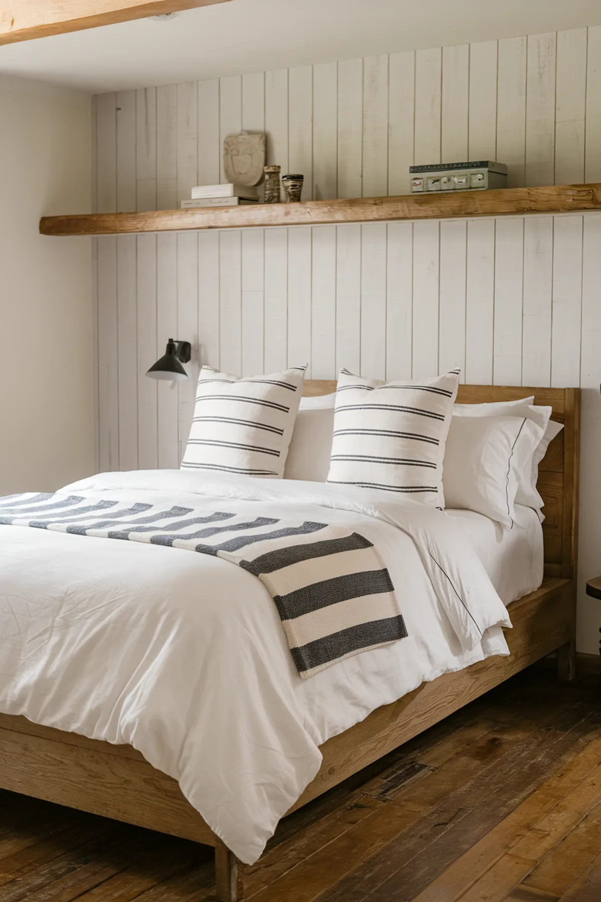 Cozy bedroom with white linens, rustic shelf, and reclaimed wooden floor.
