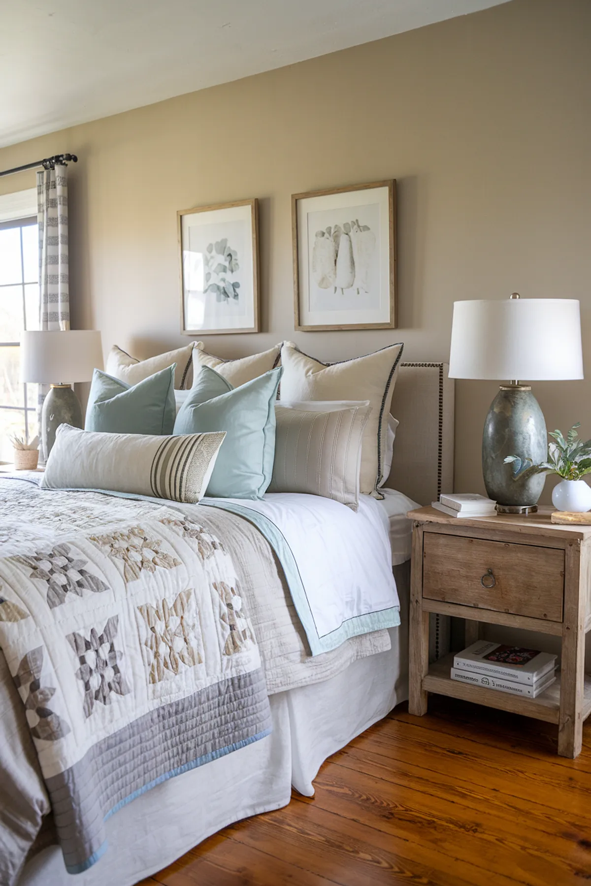 Cozy bedroom with teal and beige bedding, botanical illustrations, and striped curtains.