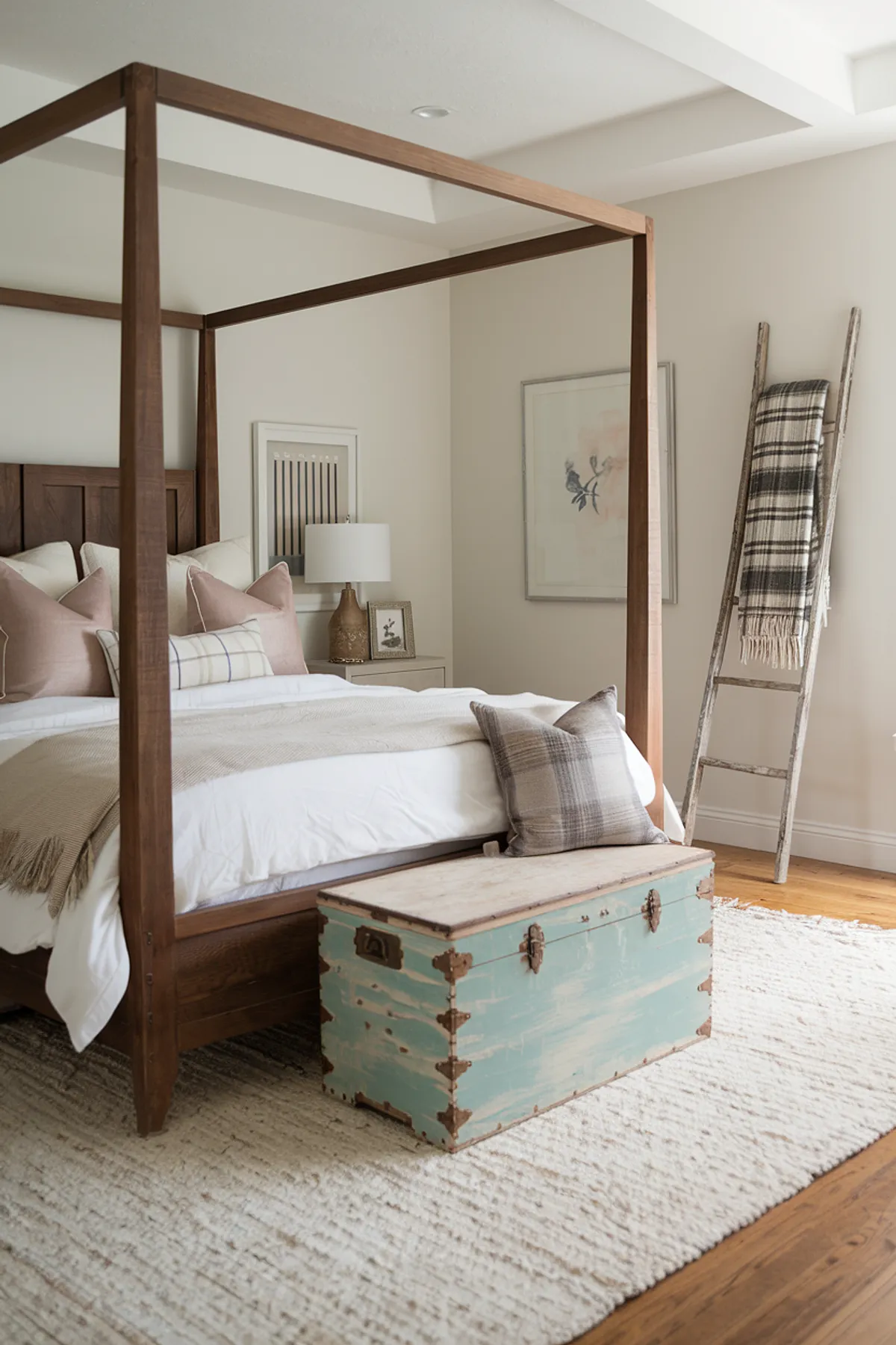 Bedroom with pink and gray pillows, vintage ladder, and framed artworks above bed.