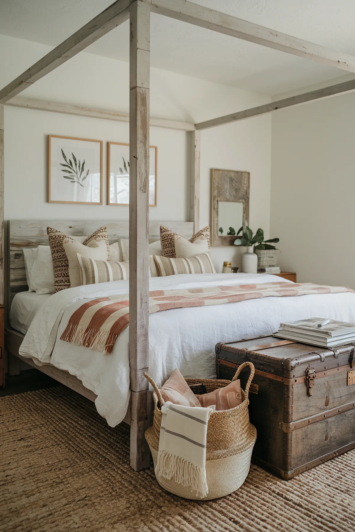 Bedroom with wooden canopy bed, patterned pillows, vintage lamp, and botanical art.