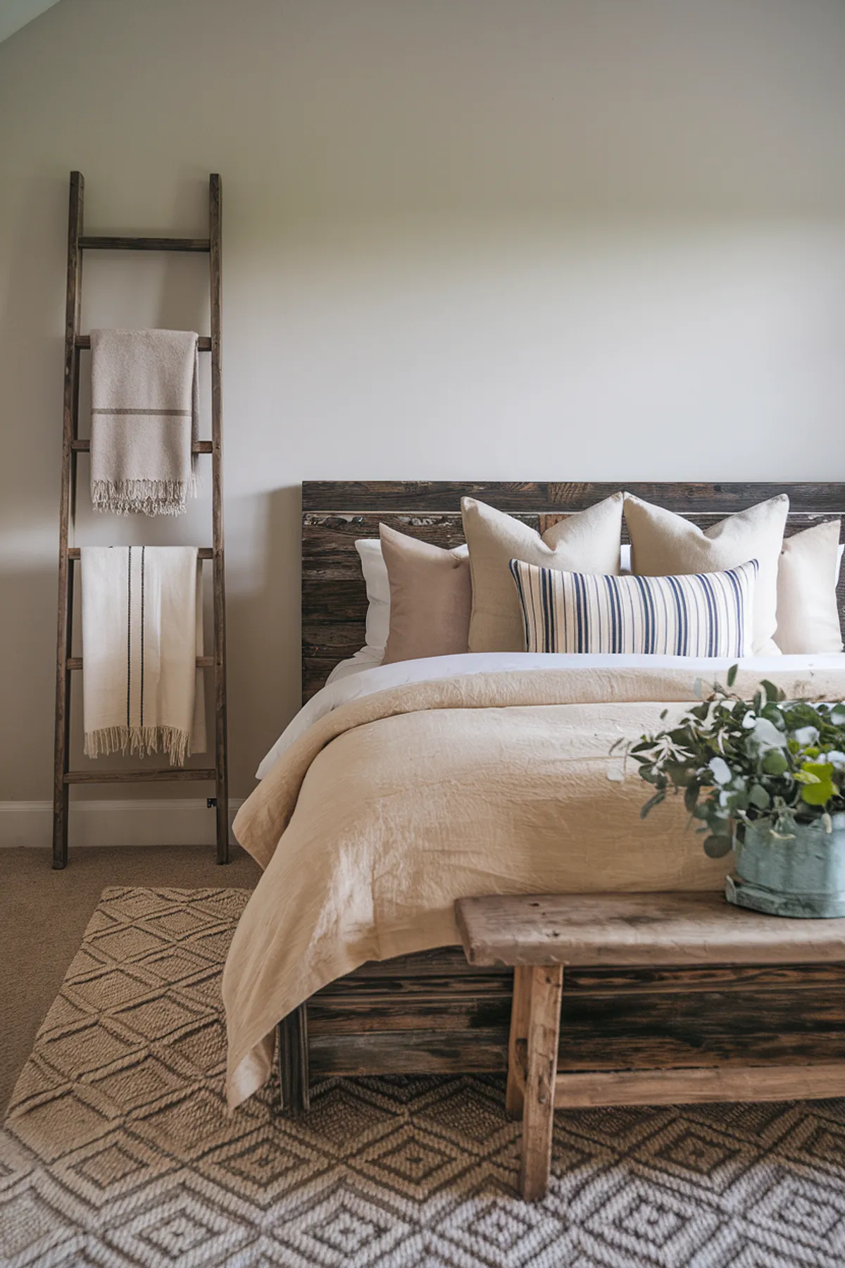 Serene bedroom with rustic headboard, wooden ladder with blankets, and textured rug.