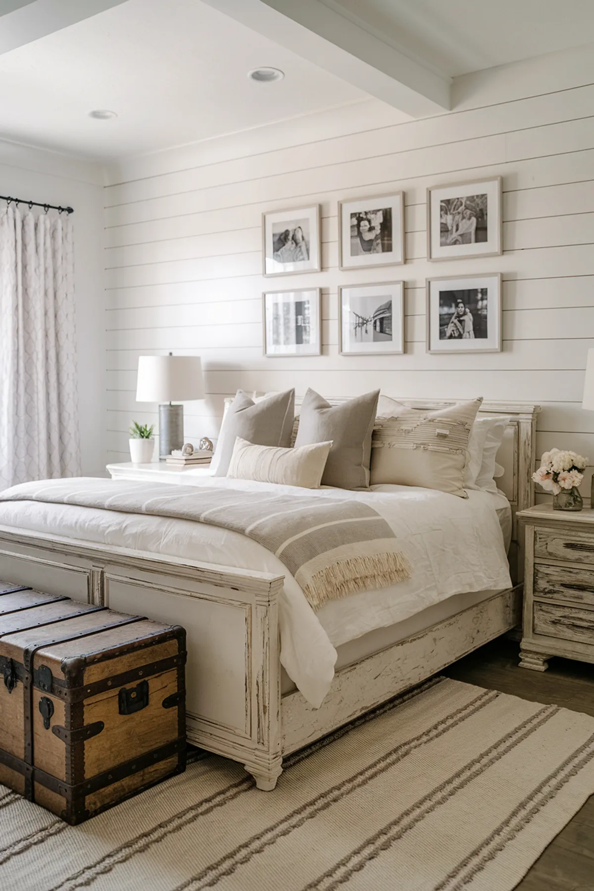 Cozy bedroom with framed black and white photos, vintage leather trunk, and floral vase.