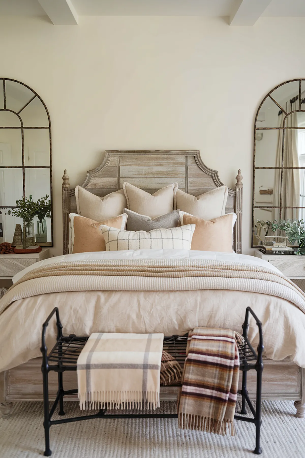Bedroom with rustic wooden headboard, arched mirrors, and soft neutral tones.