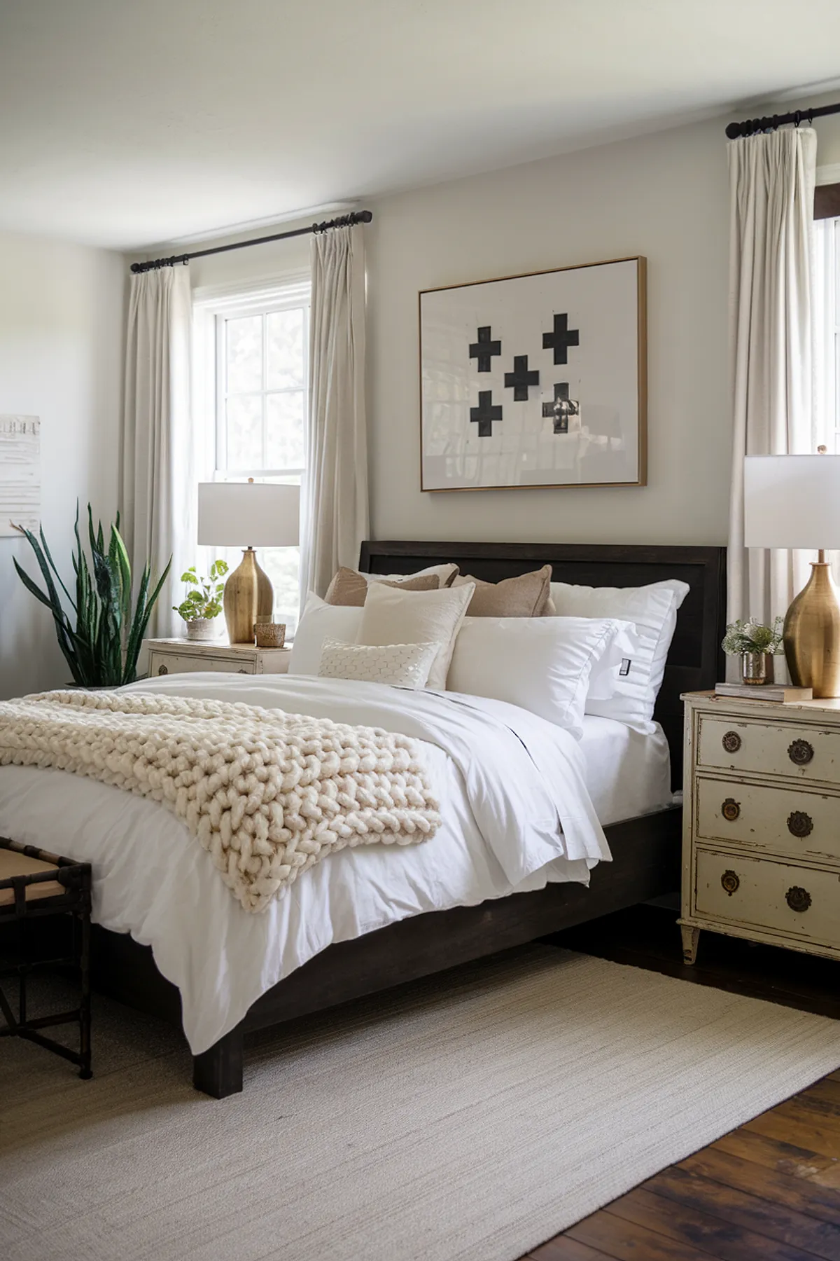 Cozy bedroom with dark wooden bed, white linens, beige pillows, and framed abstract artwork.
