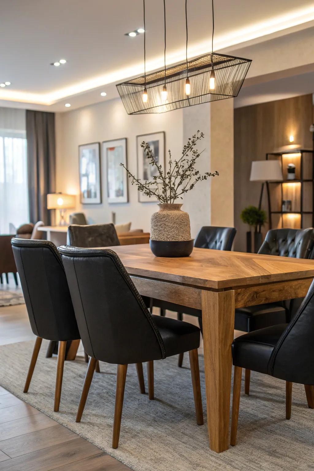 Chic black chairs complete the look.