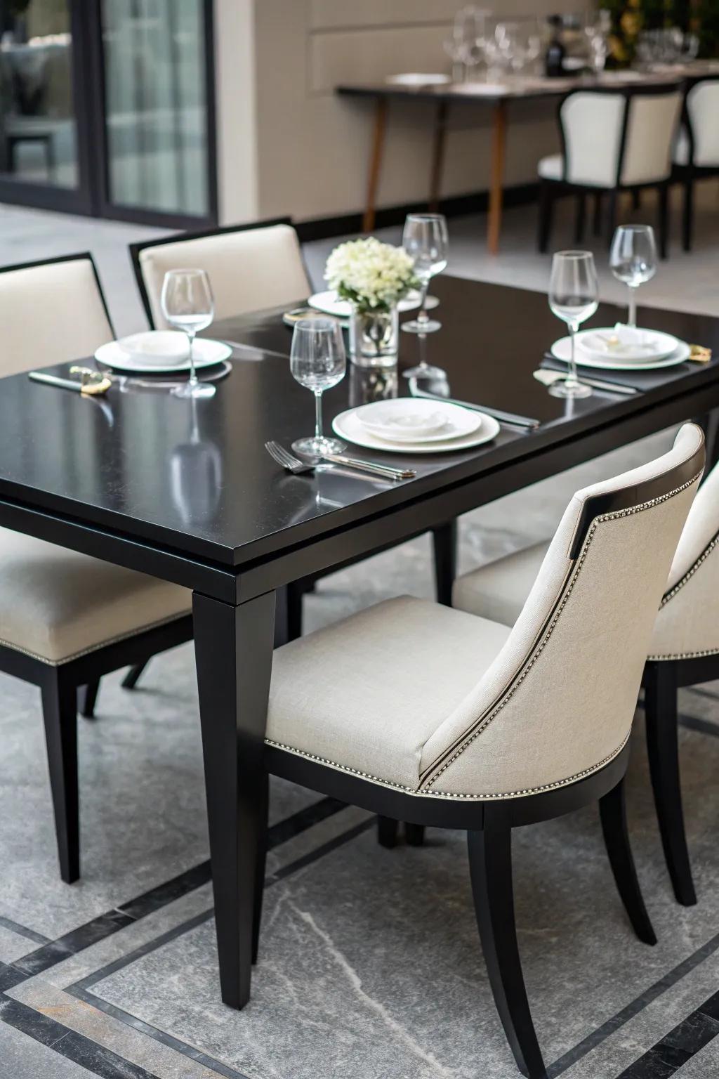 A sleek black table serves as the room's centerpiece.
