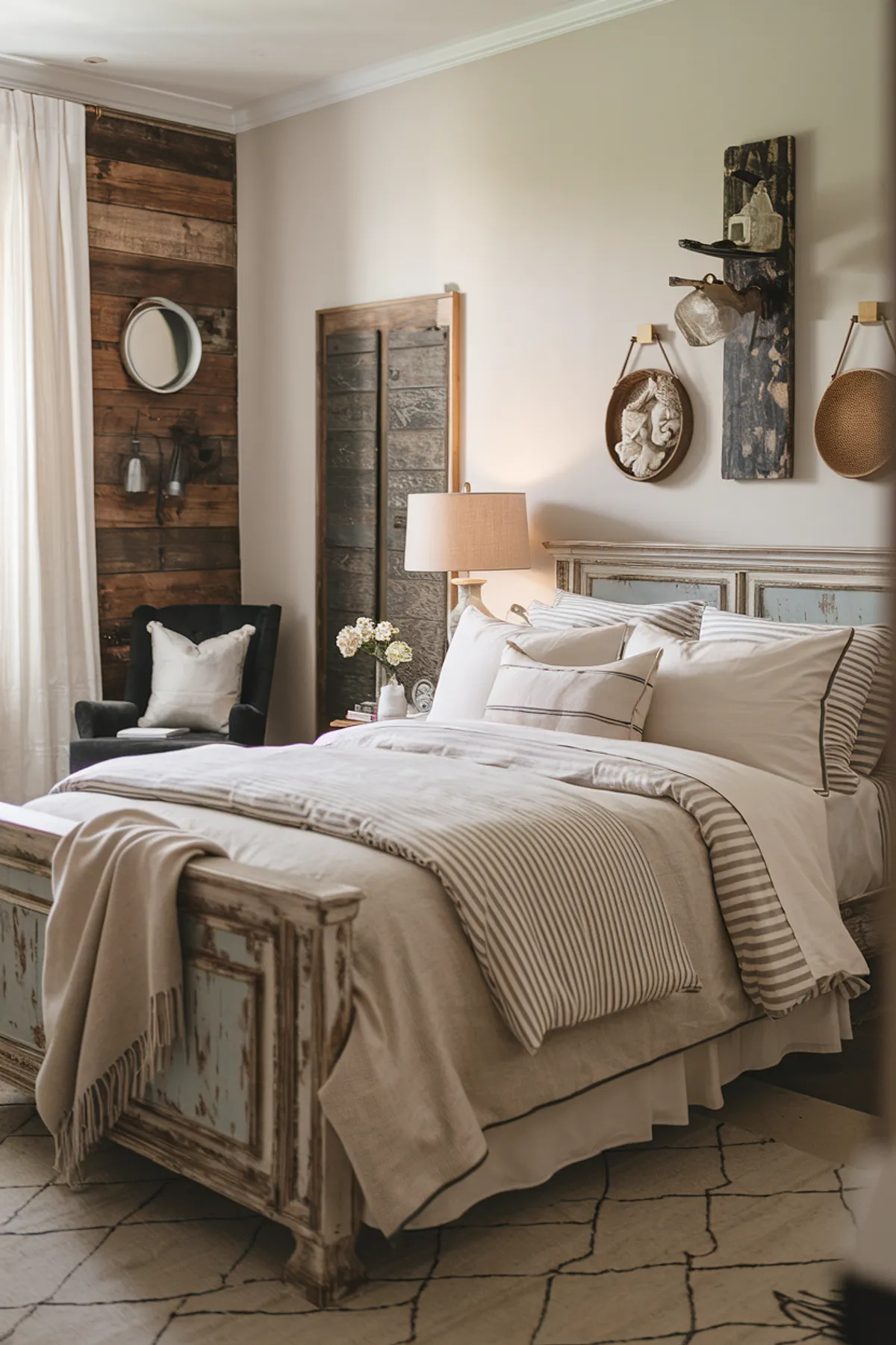 Rustic bedroom with striped bedding