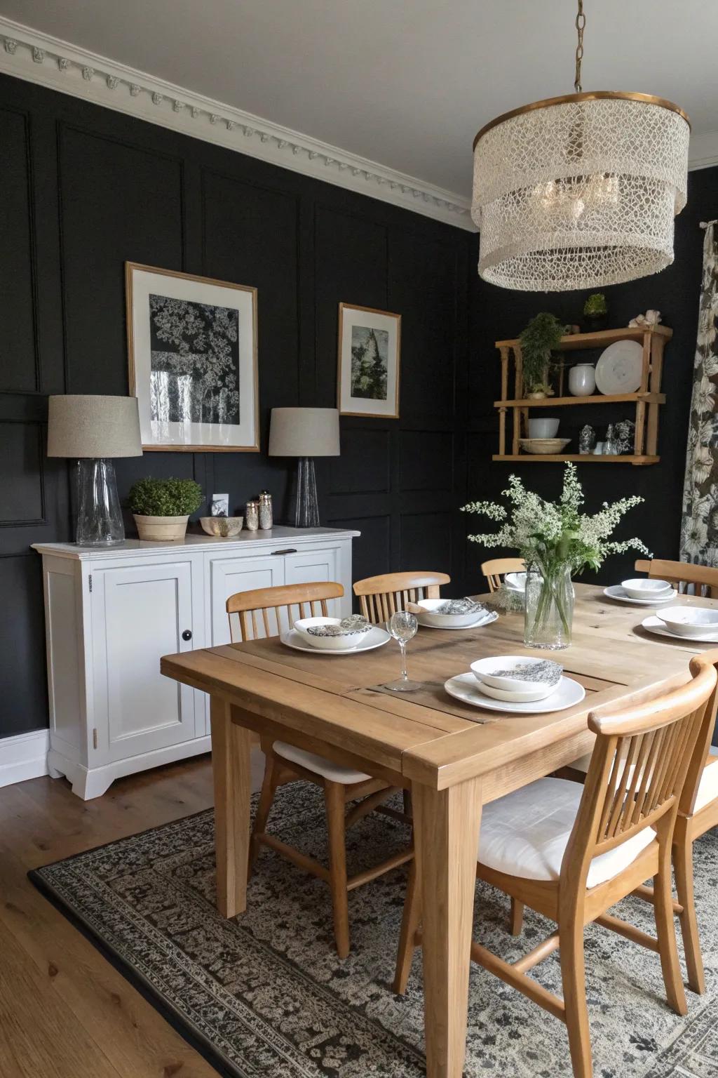 Deep black walls establish a striking setting.