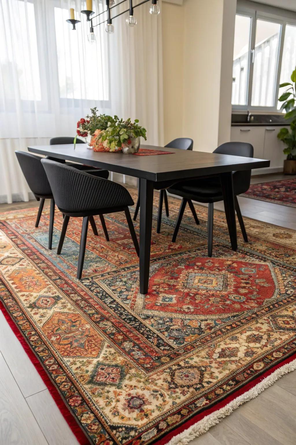 Layered rugs add depth and texture.