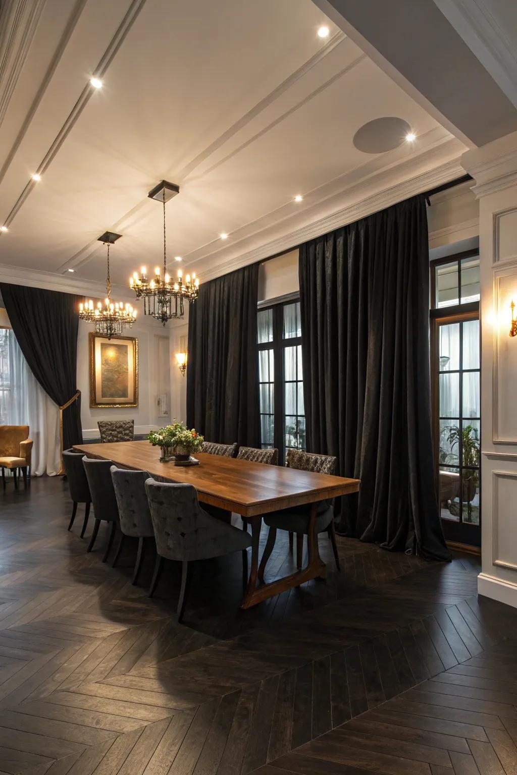 Textural drapes elegantly frame the space.