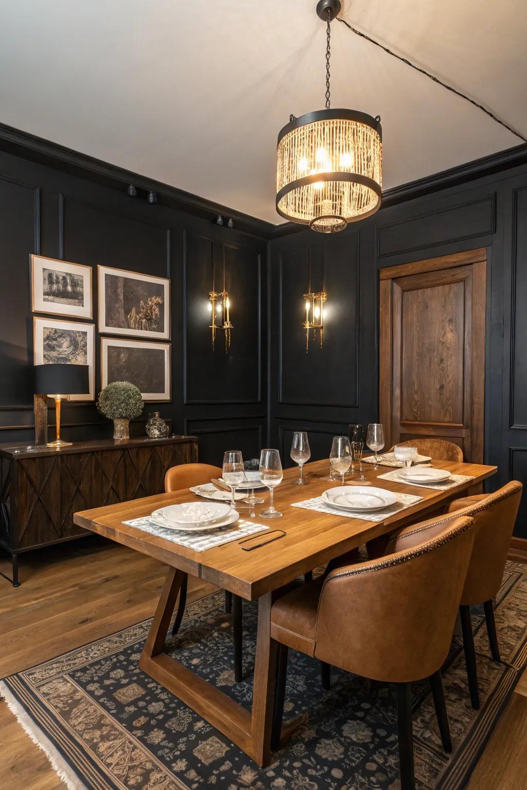 Warm wood balances the black tones.