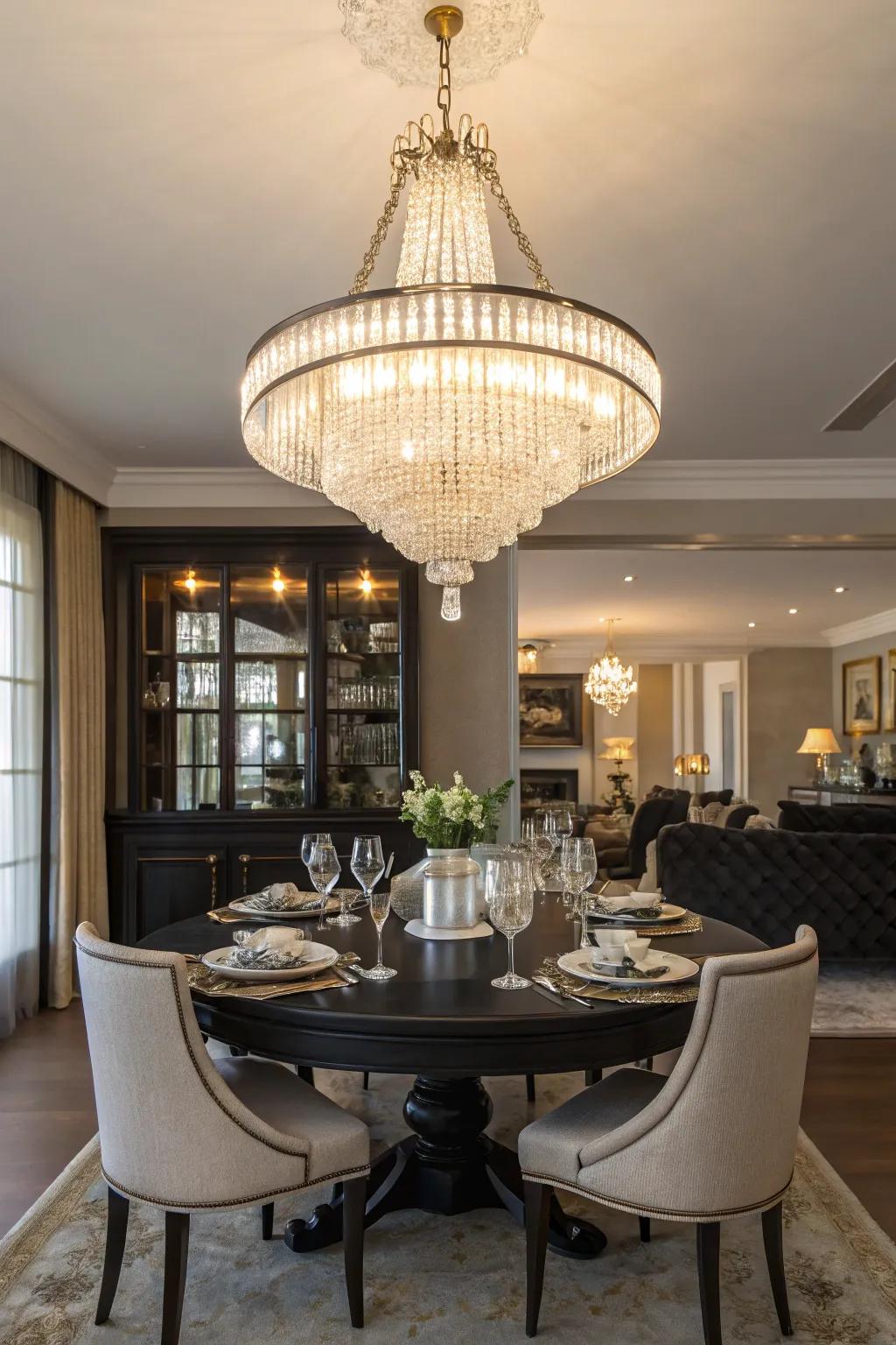 A chandelier provides dramatic lighting.