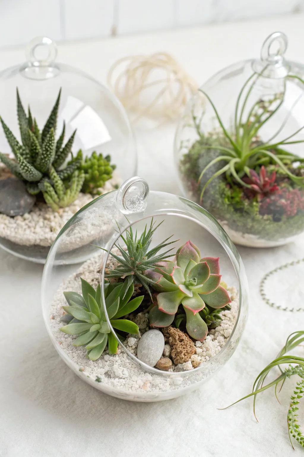 Small botanical arrangement ornaments featuring succulents and epiphytes.