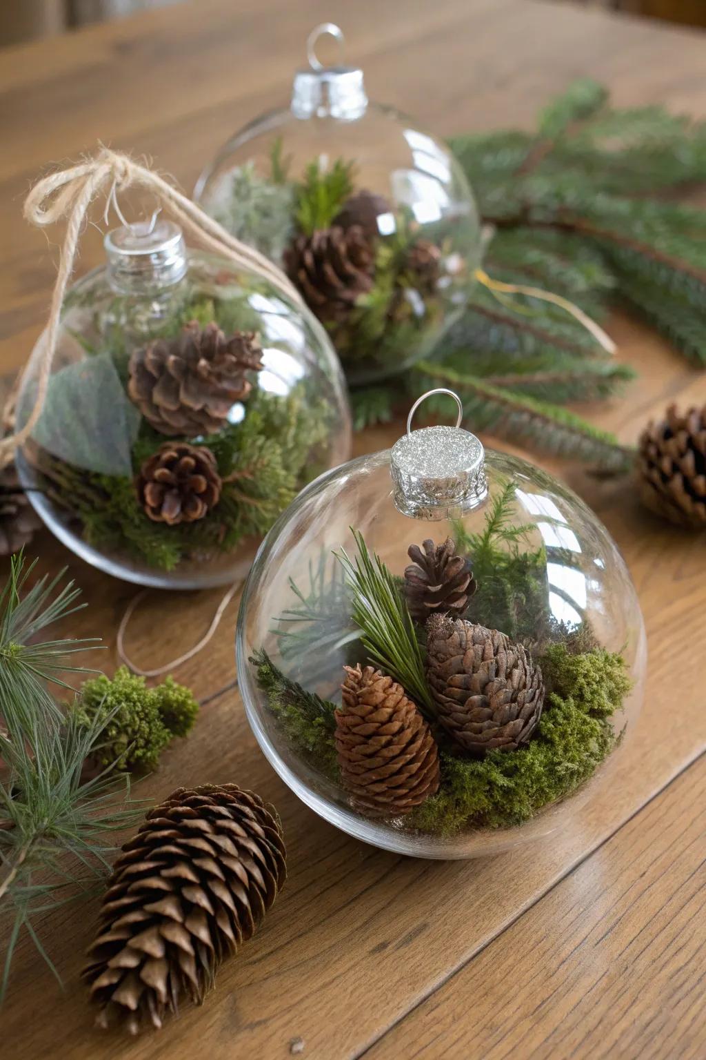 Ornaments featuring pine cones and moss.