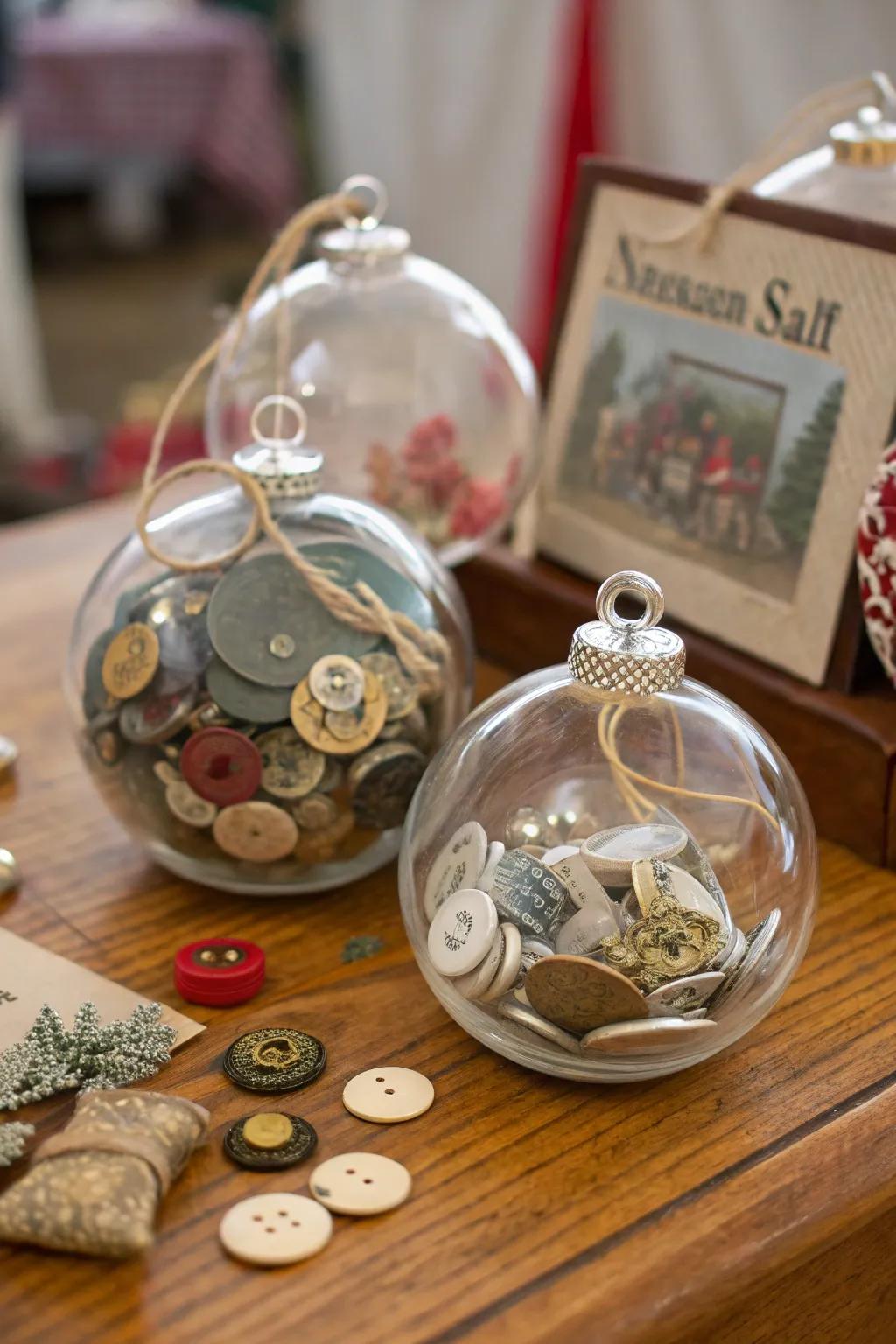 Vintage-inspired ornaments filled with old fasteners and curios.