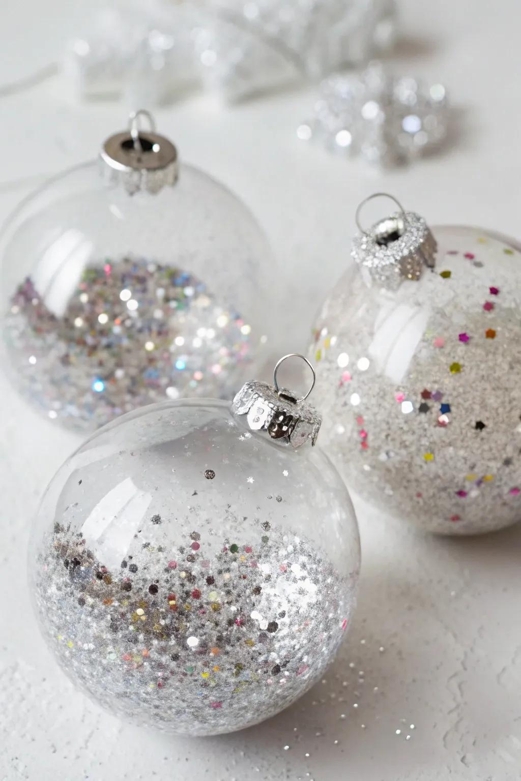 Ornaments filled with glitter and sequins for a sparkling effect.