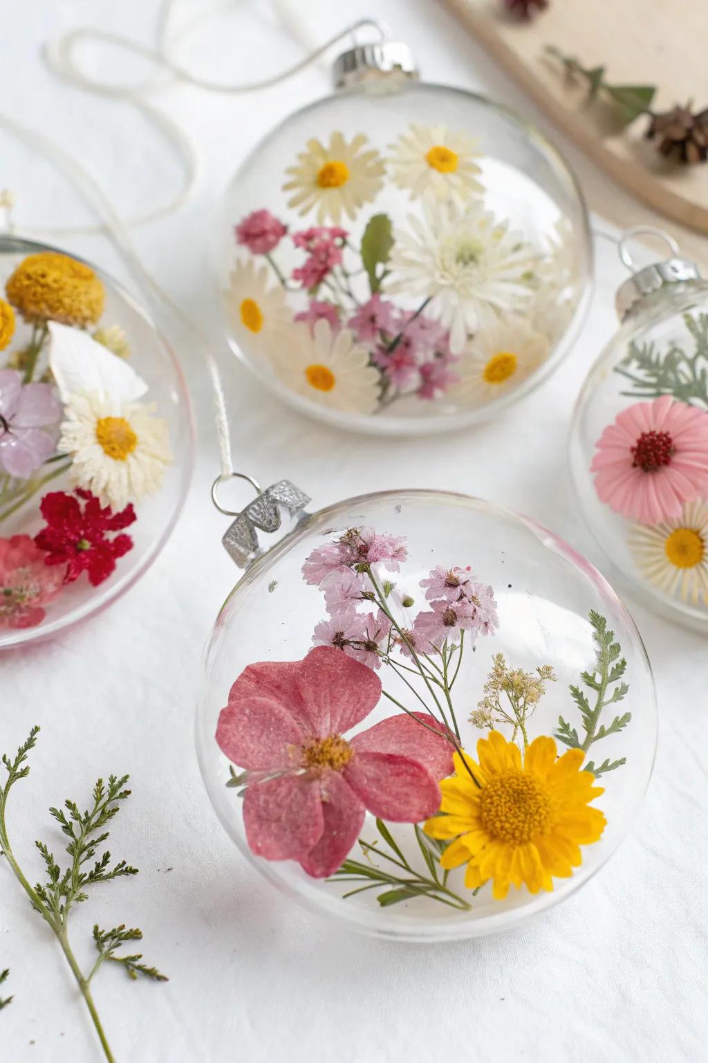 Floral ornaments featuring pressed and dried flowers.