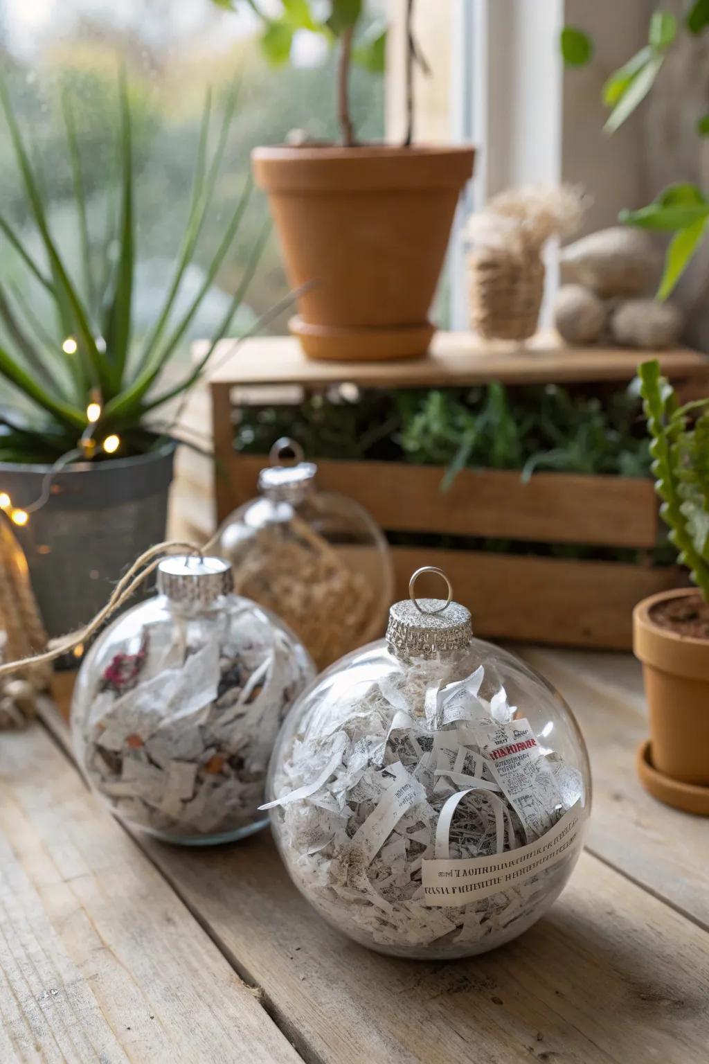 Eco-conscious ornaments made from recycled materials.