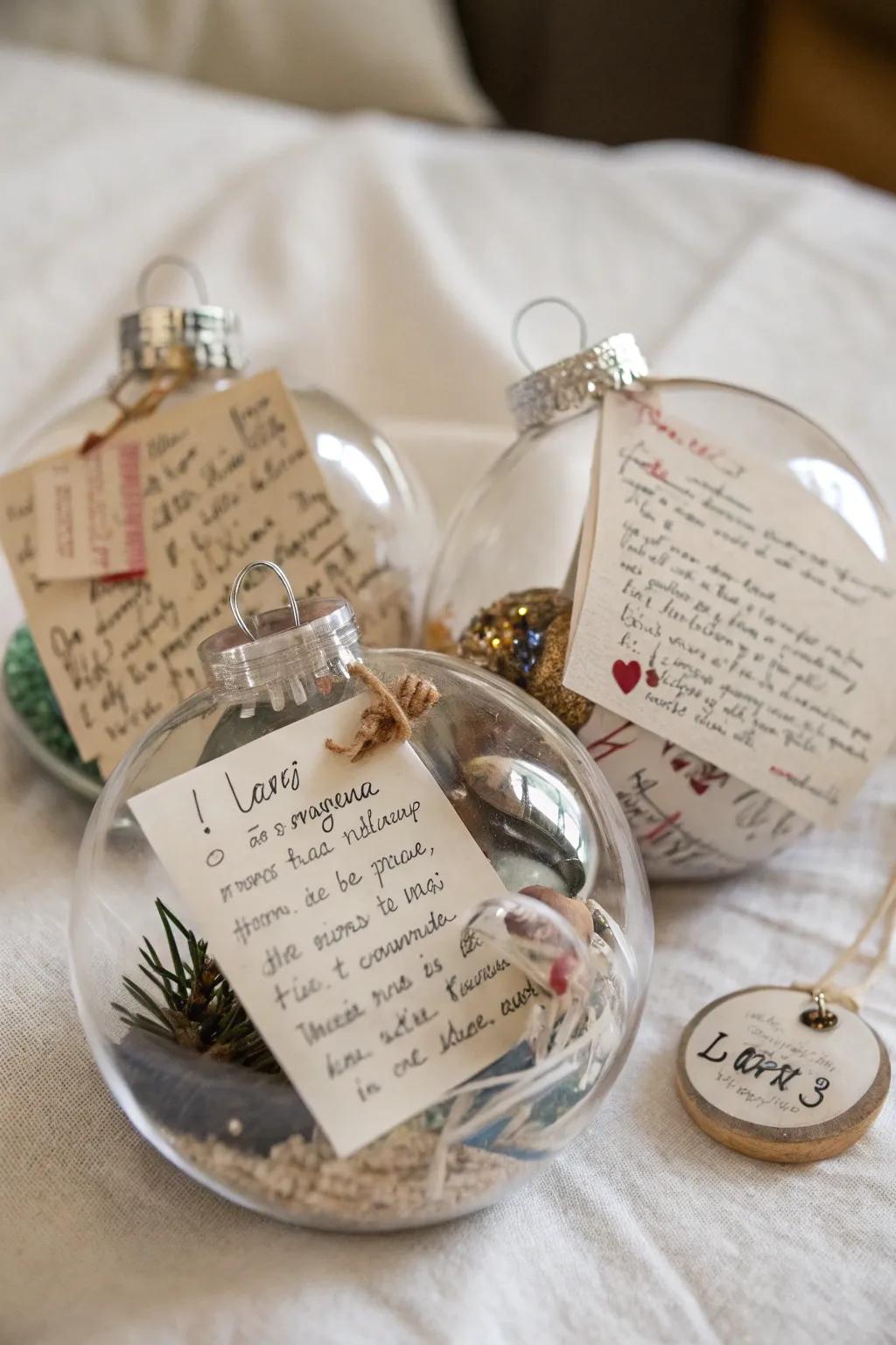 Time capsule ornaments filled with notes and keepsakes.