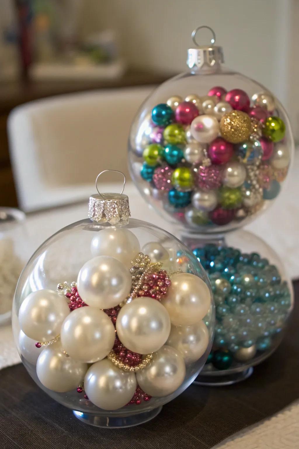 Ornaments filled with colorful beads creating a shimmering effect.