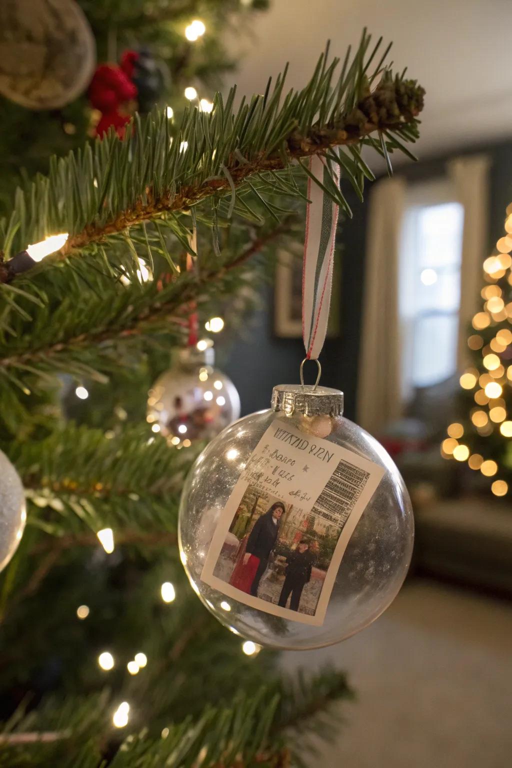 Ornaments containing small photos and ticket stubs.