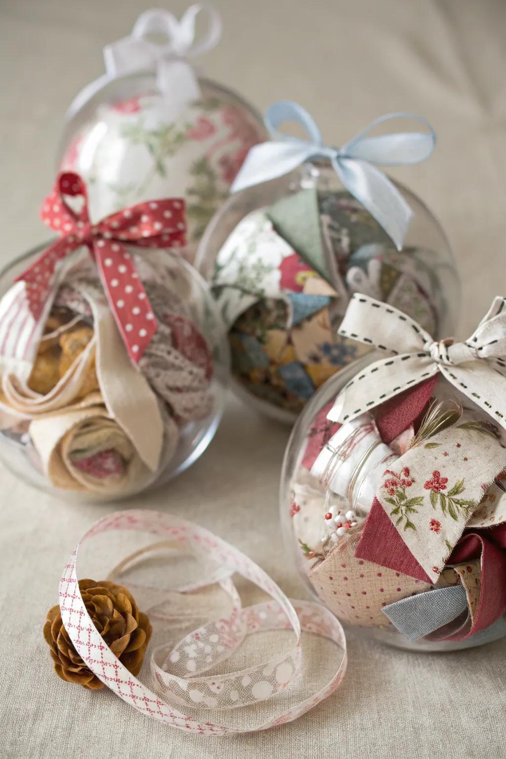 Ornaments filled with fabric scraps and decorative ribbons.