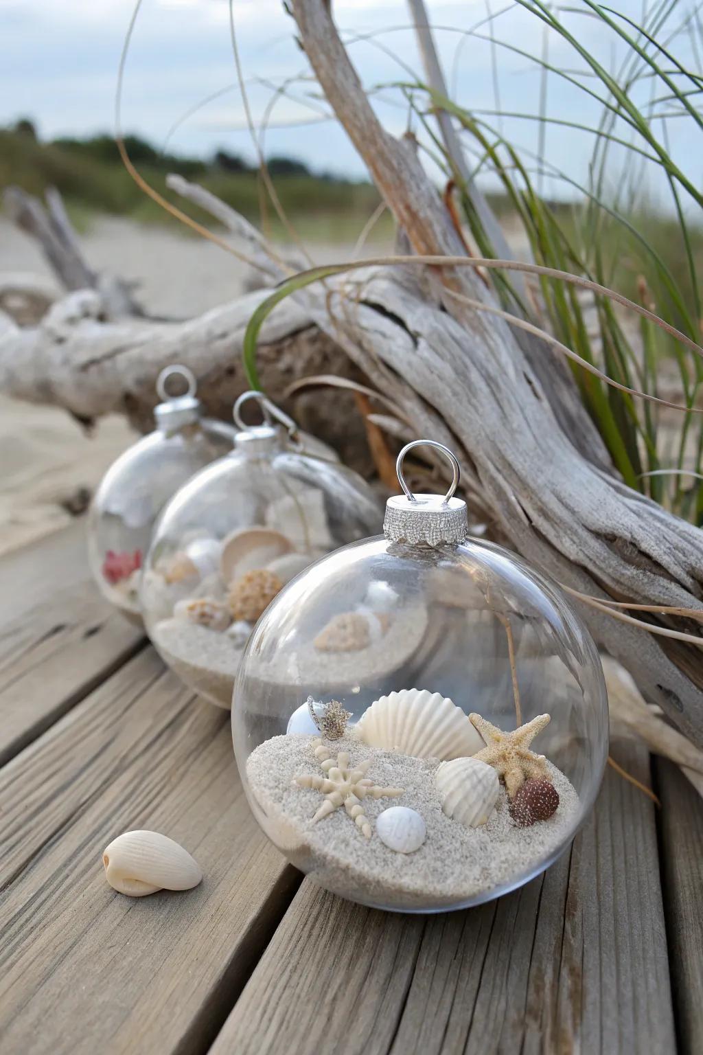 Beach-themed ornaments featuring sand and shells.