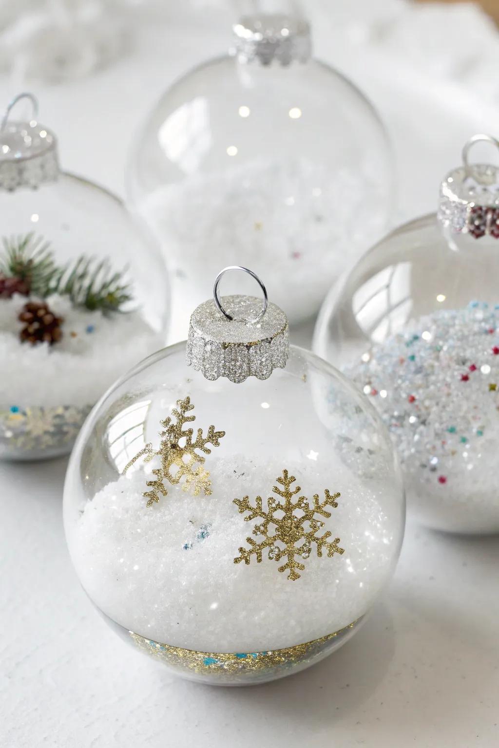 Mini snow globe ornaments filled with artificial snow and glitter.