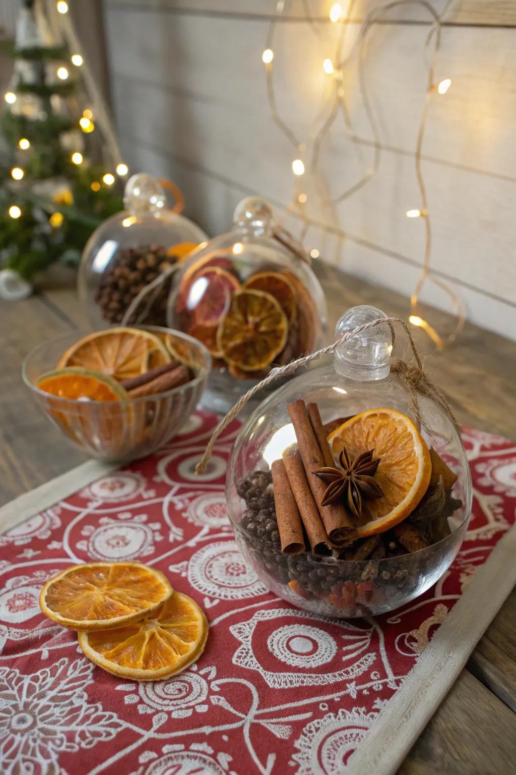 Ornaments filled with spices to create a festive scent.