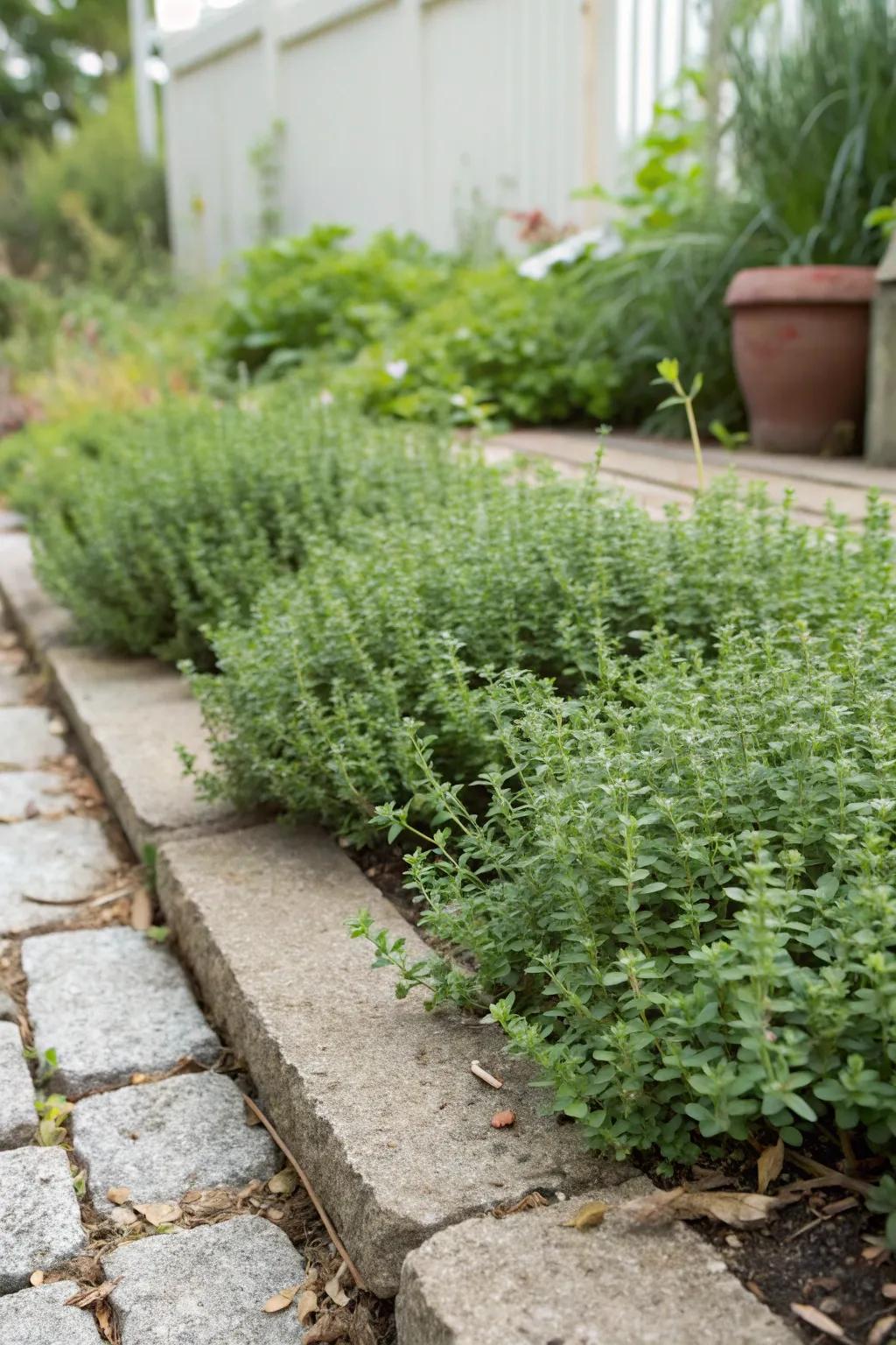 Thyme serves as a fragrant and practical ground cover.