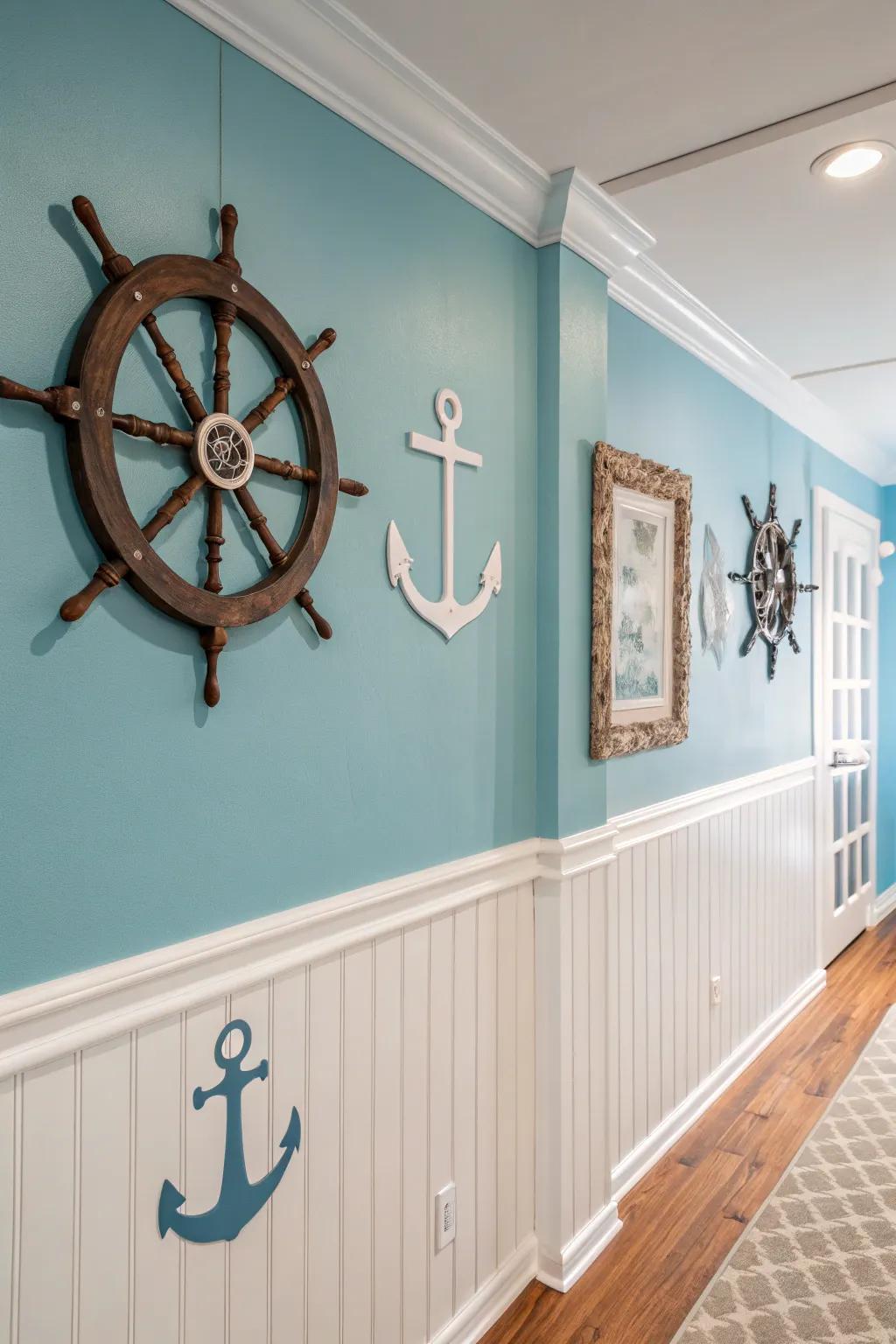 A nautical color palette of blues and whites sets the scene for a coastal theme.