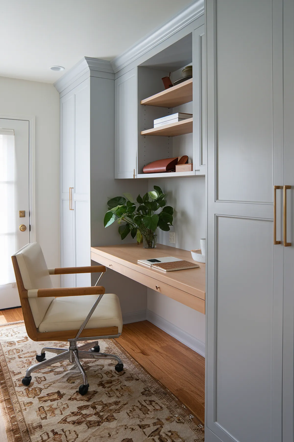 Home office with blue accent wall, modern furniture, nautical decor, and vibrant greenery.