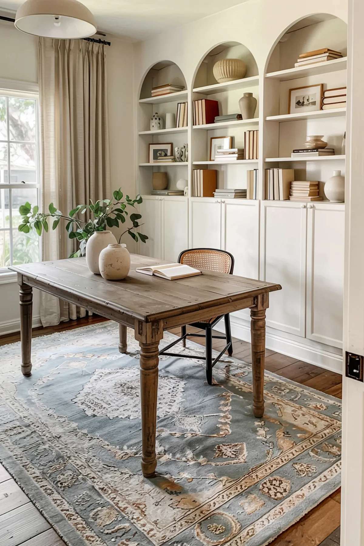 Home office featuring light gray cabinetry, wooden desk, green plant, and a stylish rolling chair.