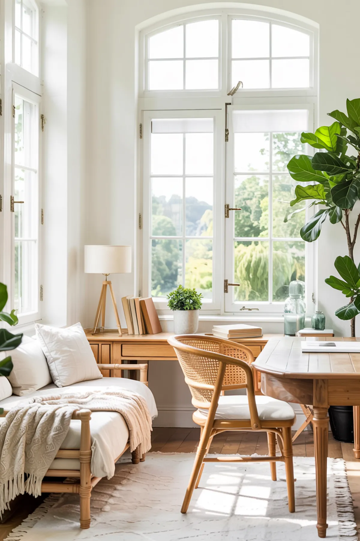 Home office featuring large windows, wooden furniture, cozy seating area, and indoor plants for a fresh vibe.