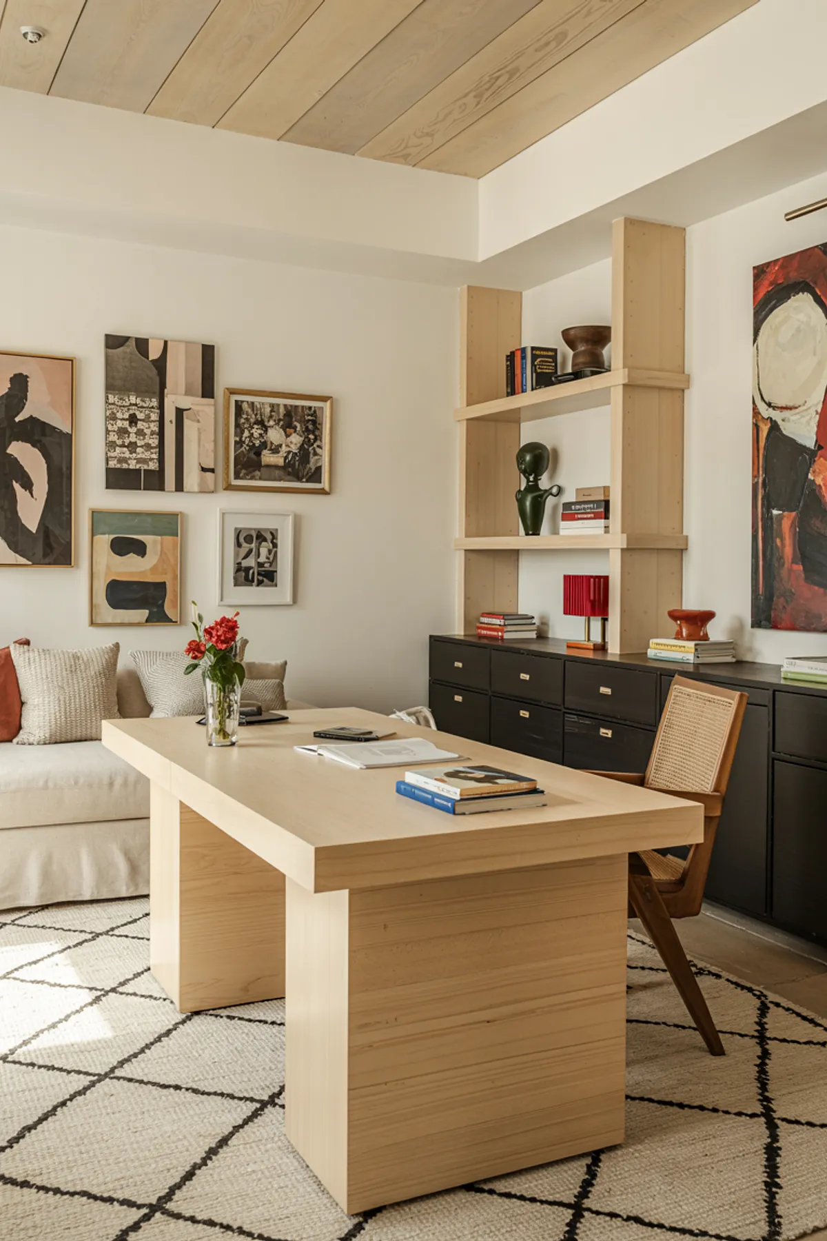 Home office with a wooden table, open shelving displaying art and decor, and a cozy seating area.