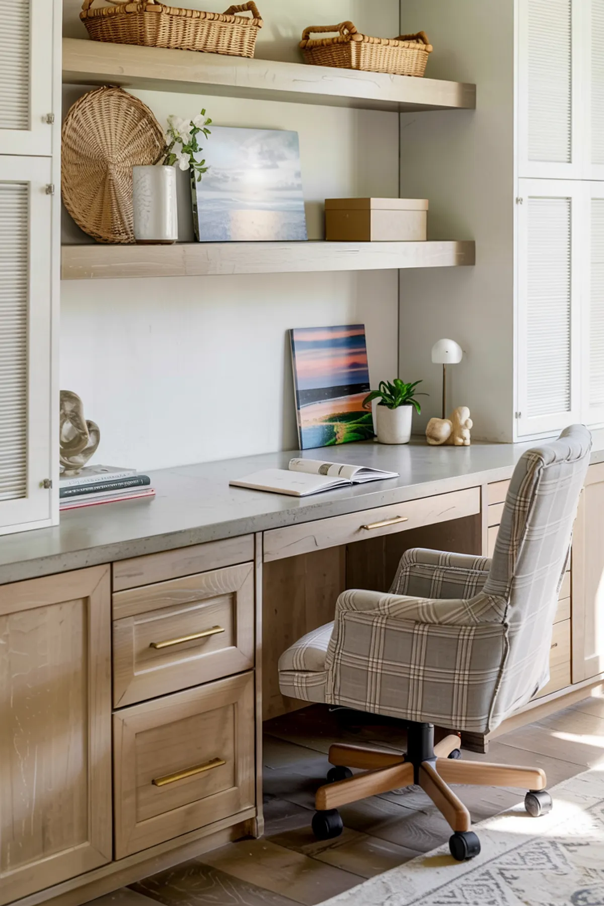 Home office featuring wooden desk, open shelving with decor, modern lighting, and a patterned swivel chair.