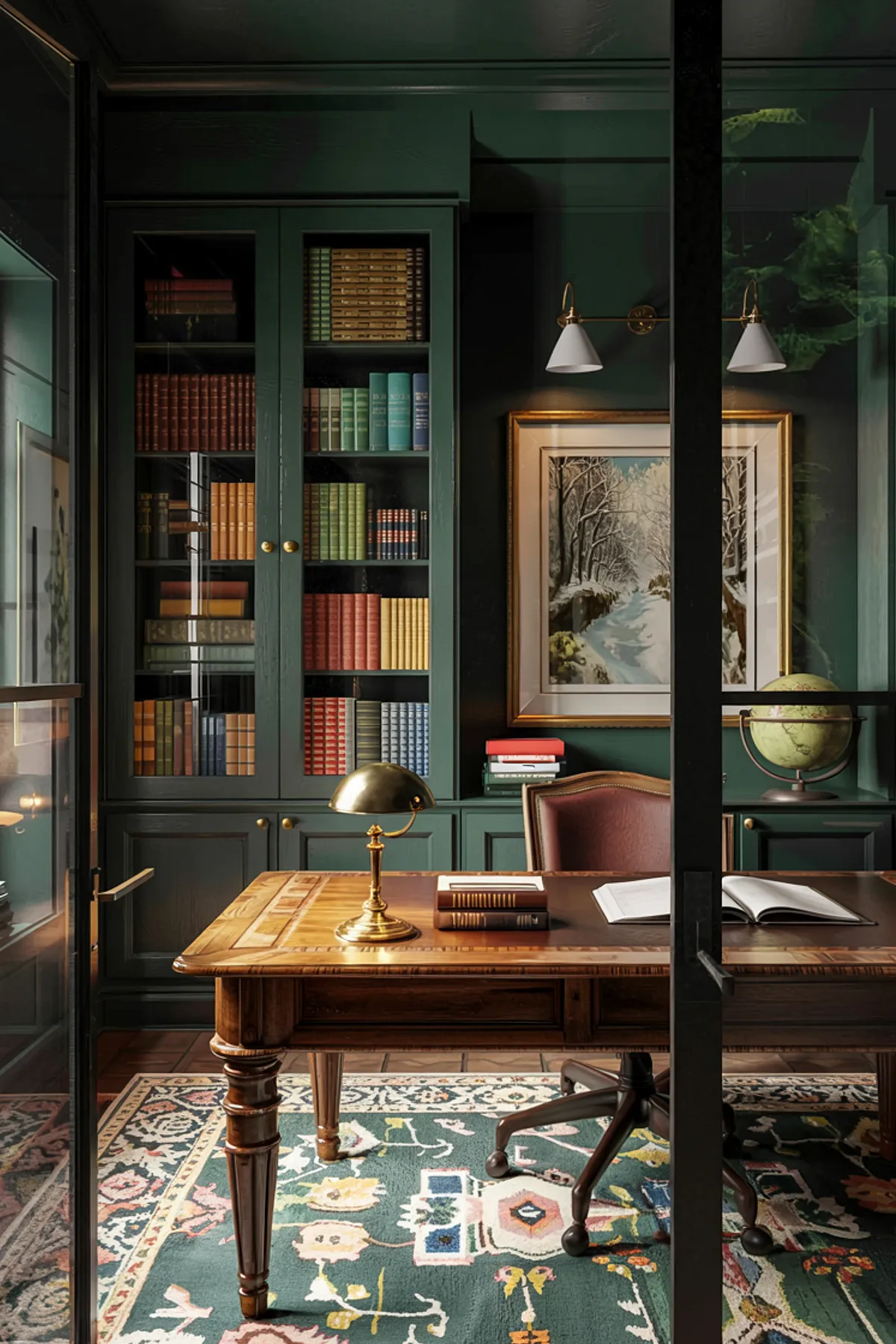 Home office featuring wooden shelves, elegant decor items, modern desk chair, and large windows for natural light.