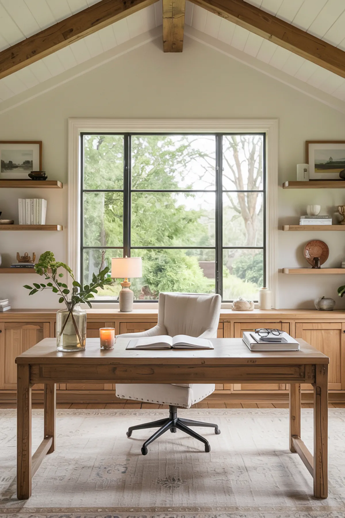 Home office featuring dark green walls, wooden desk, colorful book shelves, and vintage globe.