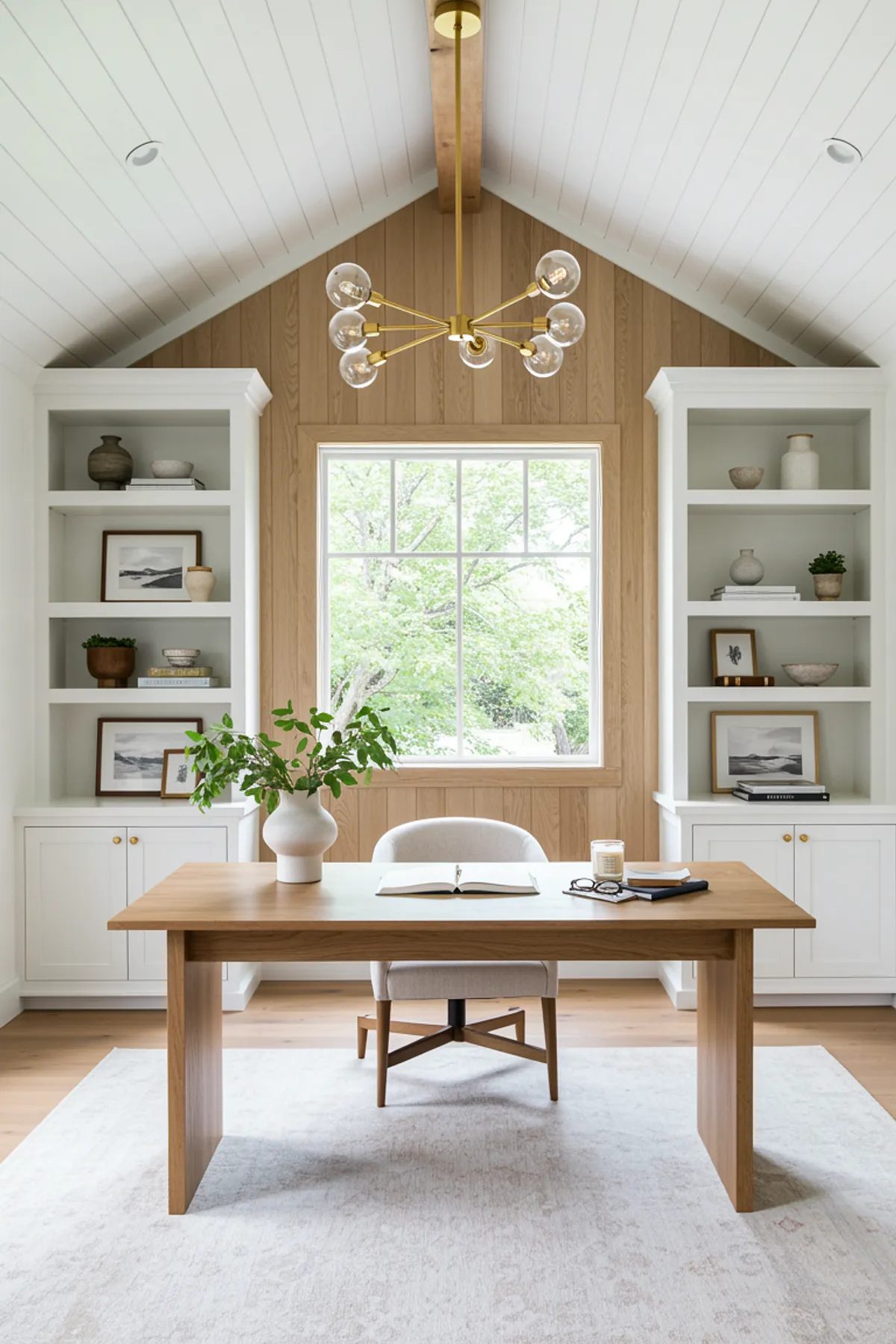 Home office featuring light green walls, modern desk, upholstered chair, and open shelving with decorative accents.