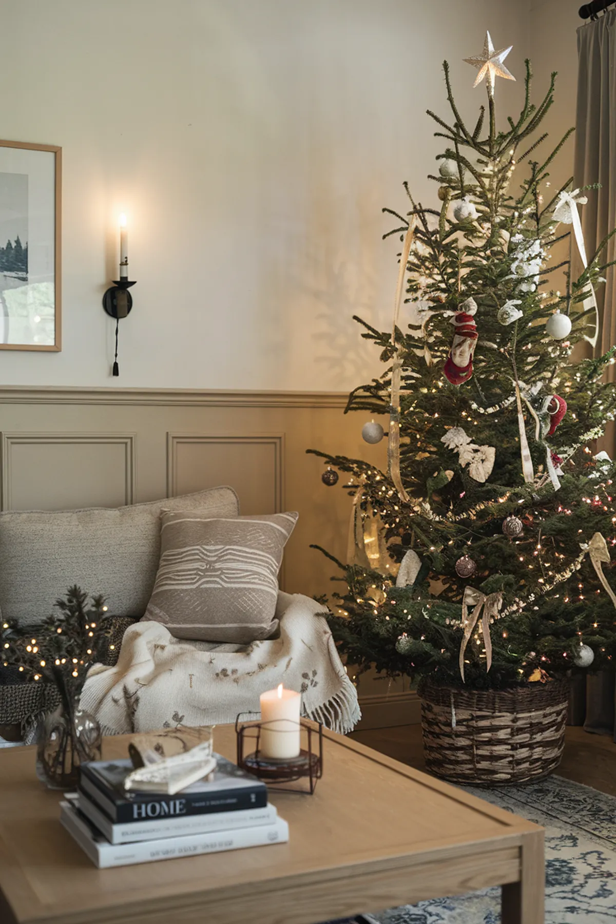 Cozy holiday living room with a decorated Christmas tree, wooden coffee table, soft lighting, and a snowy landscape picture on the wall.