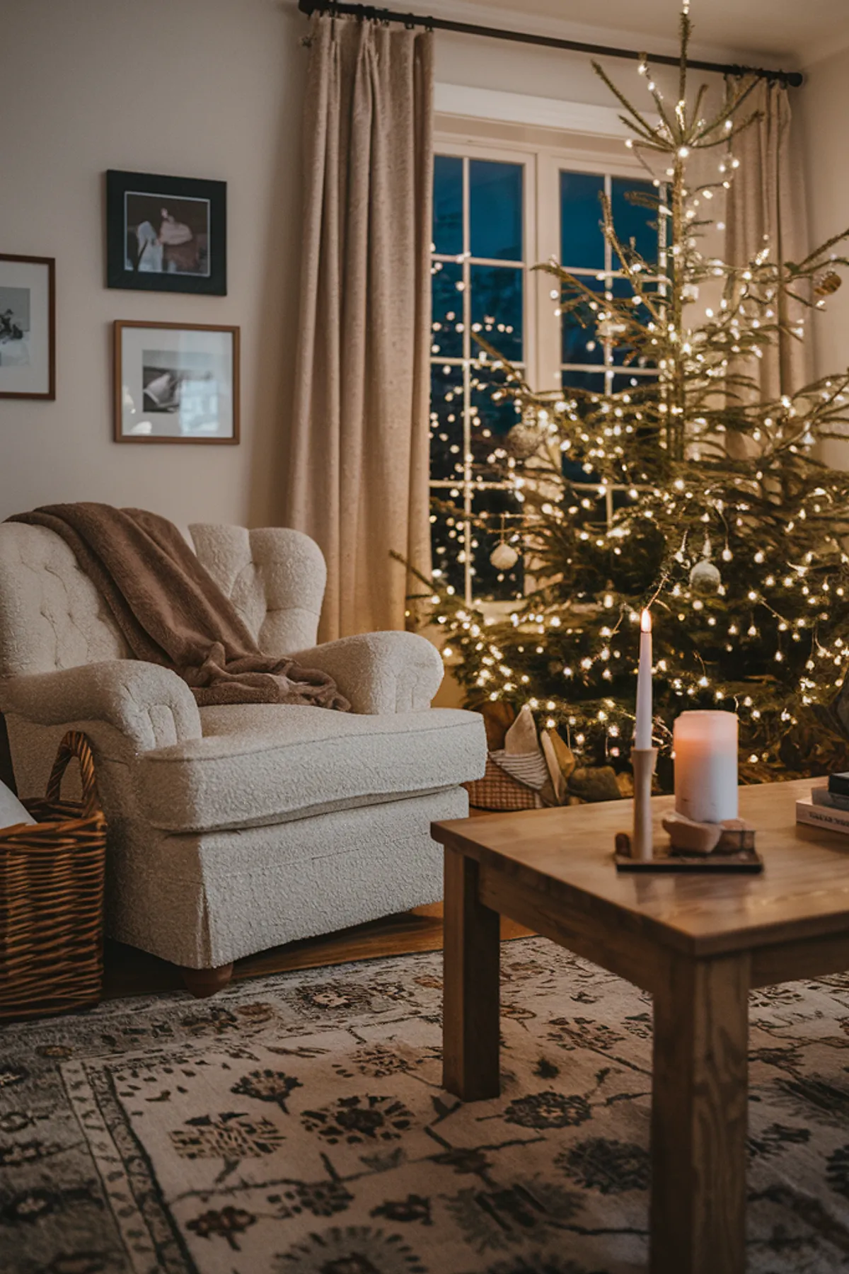 Cozy evening living room with an off-white armchair, lit candle, stack of books, and a decorated Christmas tree.