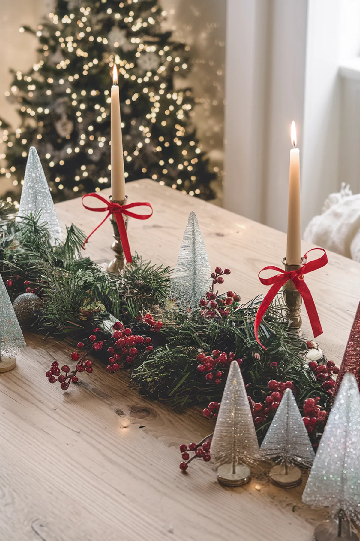 Festive indoor scene with a decorated Christmas tree, pine garland table centerpiece, and glowing candles creating a warm ambiance.